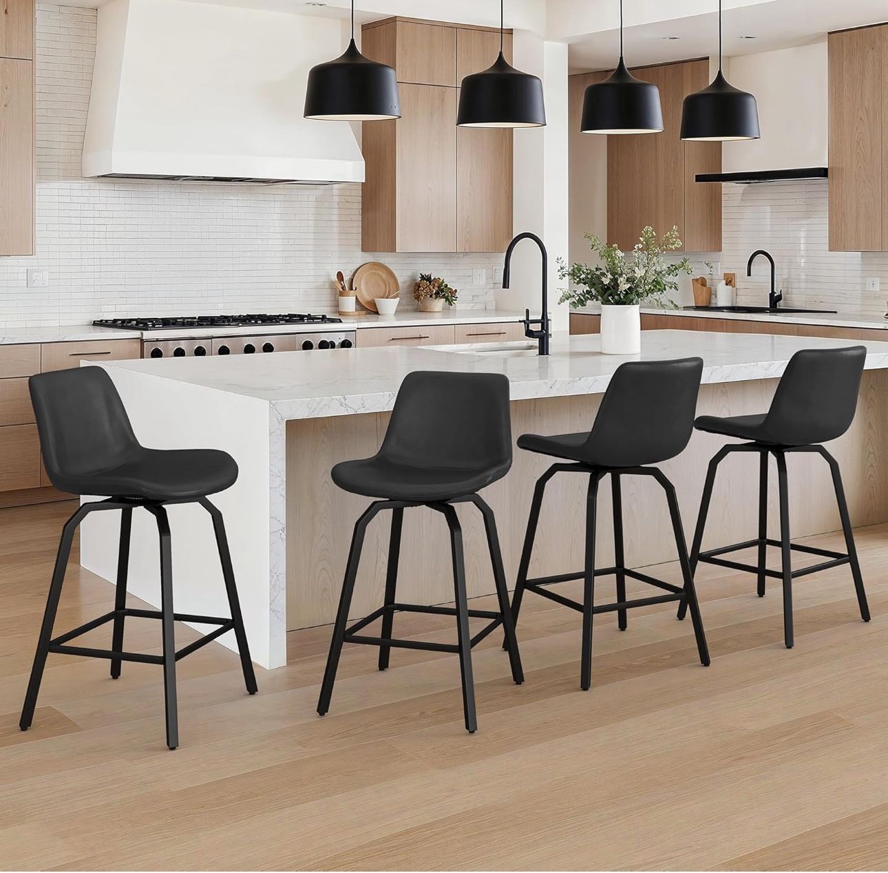 360° Swivel Bar Stools Set of 4, 26 Inch Counter Height Bar Stools, Black Modern Faux Leather, with Enlarged Seats, Metal Legs, for Kitchen Island, Di