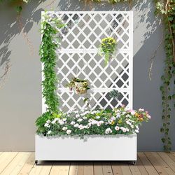 Metal Planter Box with Privacy Screen, White Lattice with Wheels & Drainage Holes, Weatherproof Raised Garden Bed for Climbing Plants, Rust Resistant,