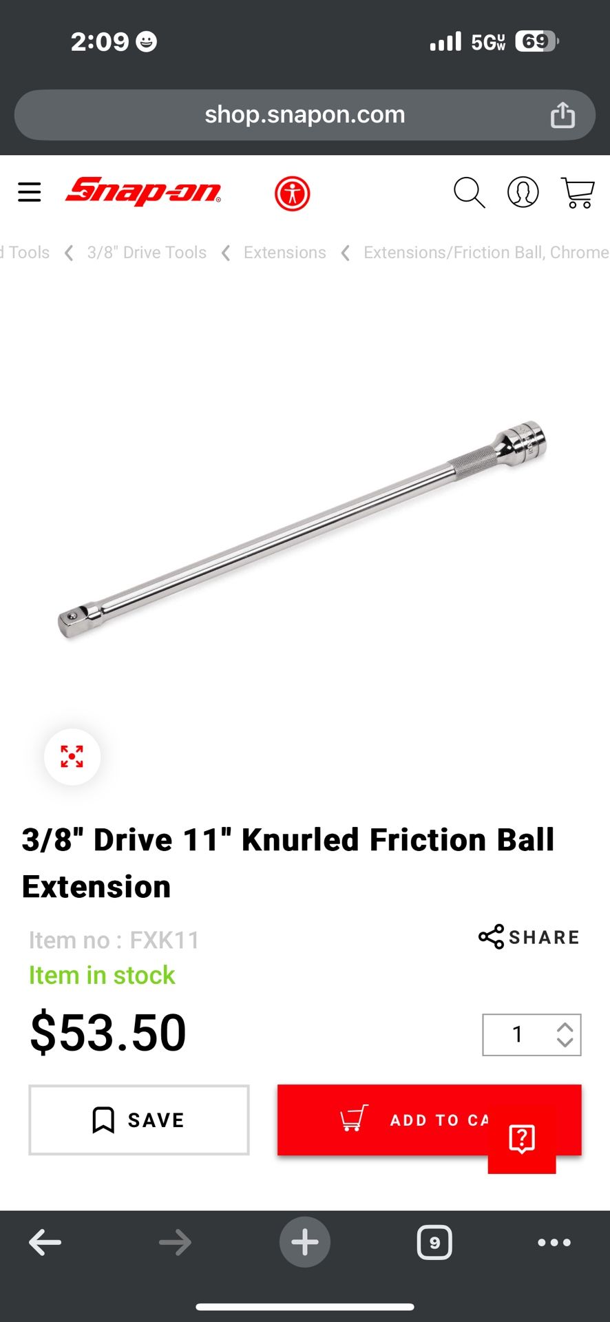 3/8" Drive 11" Knurled Friction Ball Extension