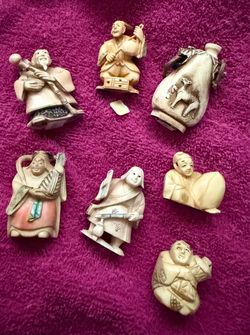 Set of 7 Carved Netsuke Figurines and Vase