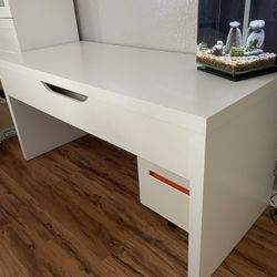 White Desk (False Drawer) with Filing Cabinet