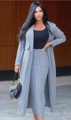 Two Piece Sweater Skirt Set With Long Sleeve Open Chest Top.