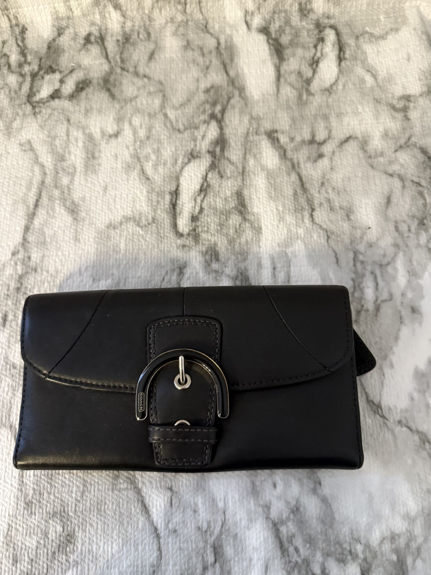 Coach Buckle Black Leather Trifold Wallet With Back Zip- long wallet