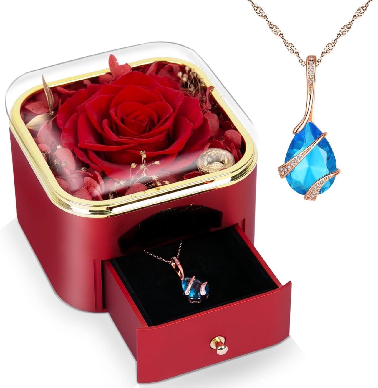 Preserved Roses Gift Jewerlry Box, Real Eternal Rose Flower with Necklace, Gifts for Girlfriend, Mom, Women, Wife, Birthday and Valentine's Day (Red)
