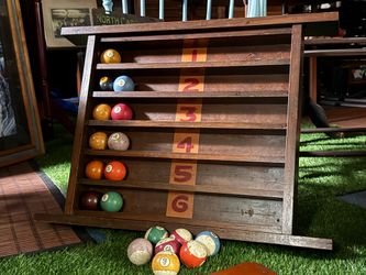 Vintage Wooden Pool Ball Wall Rack w Balls