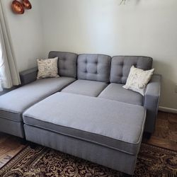 Brand New Light Grey Linen Sectional Sofa +Ottoman (New In Box) 