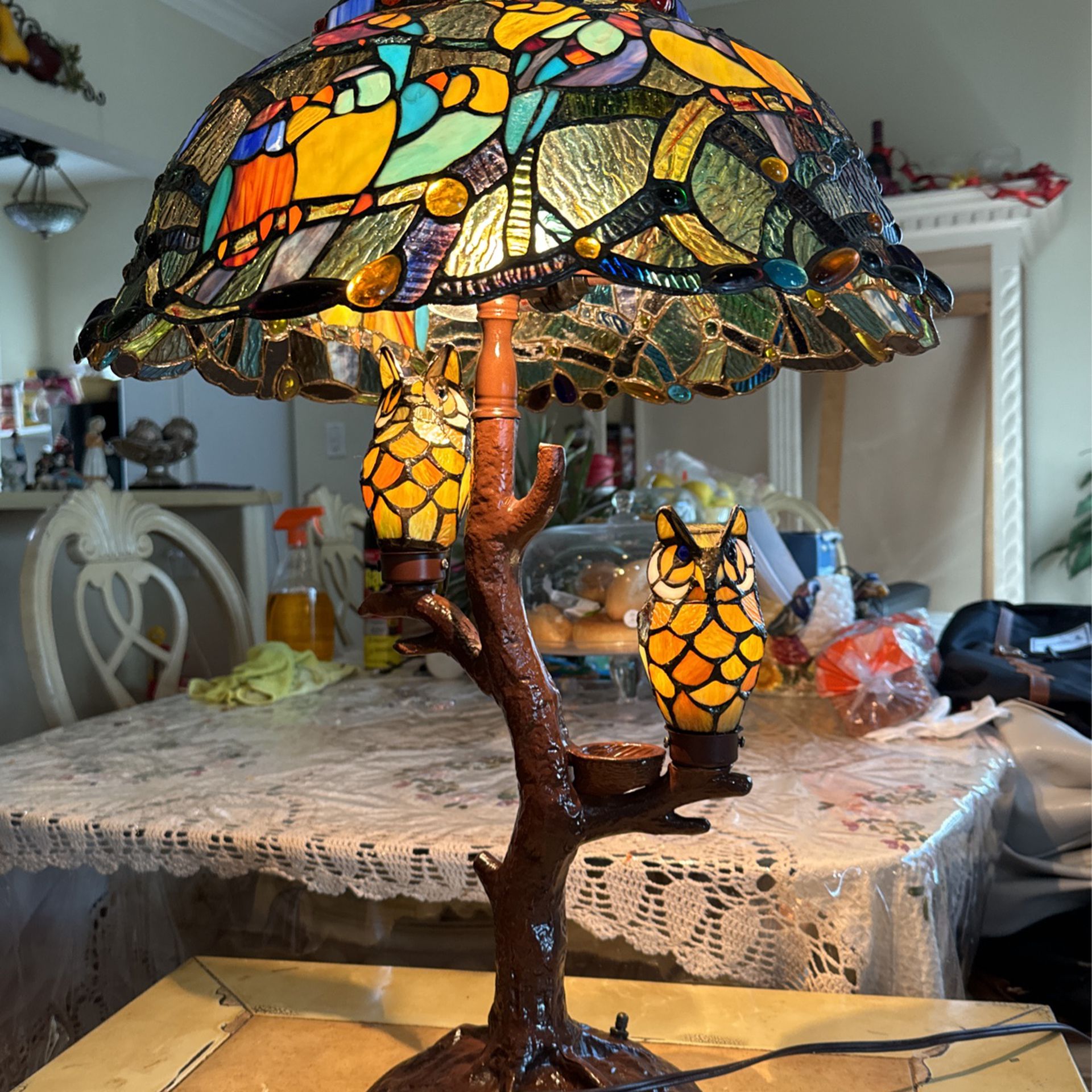 Tiffany Style Dream  Lamp  Catcher Witch Illuminated Owl Table Lamp