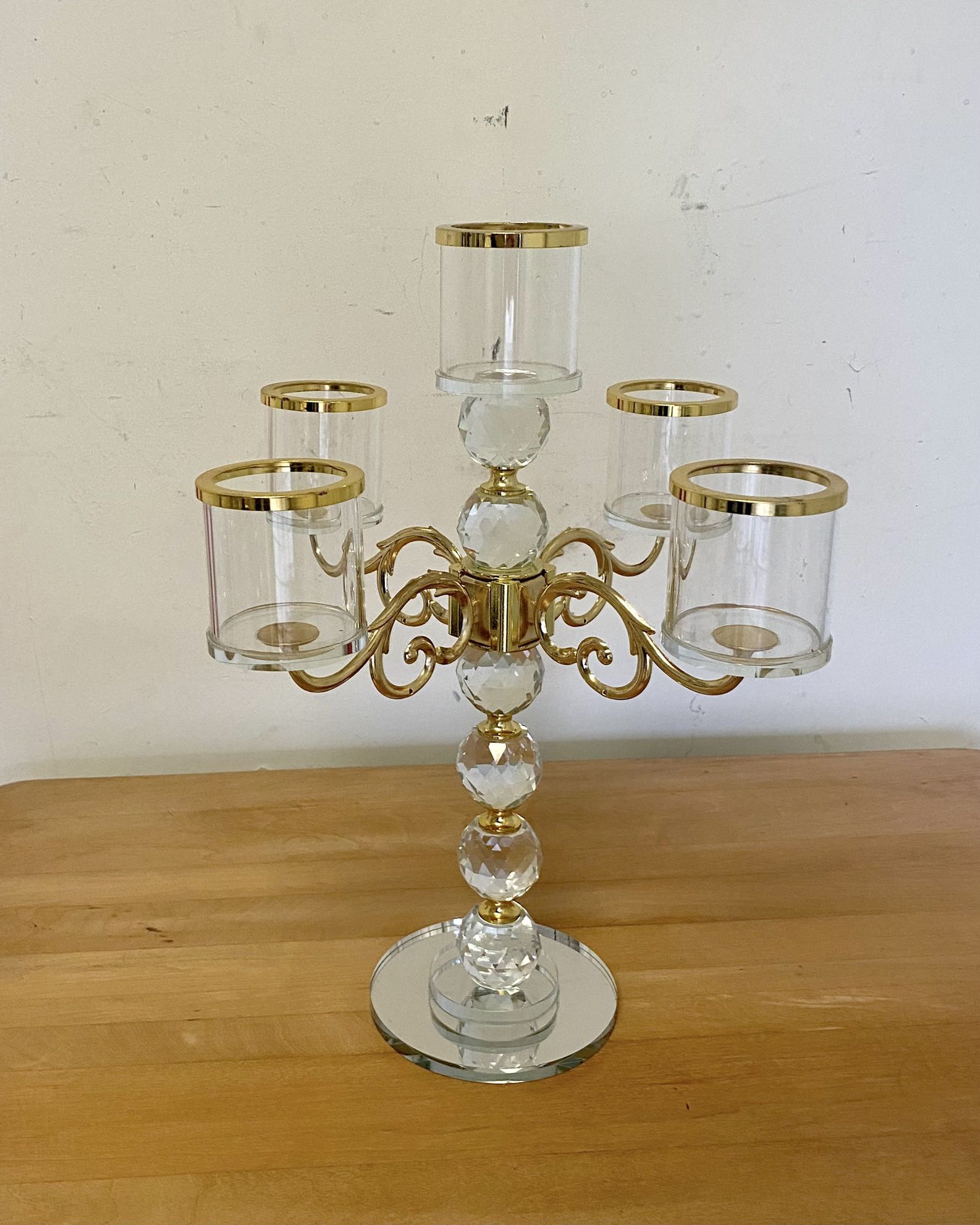 5 Arm Glass Crystal  Votive Candle Holder With Gold Accents