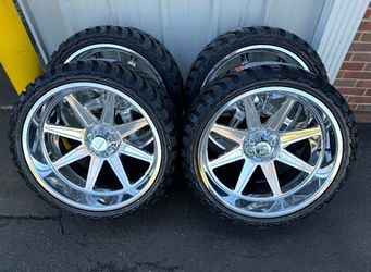 NEW 24x12 FORGED hard rock wheels full polish front and back wrapped in 33x13.50r24lt AMP tires