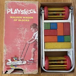 Vintage Playskool Walker Wagon of Wood Blocks Toddler Children’s Pushing Building Toy
