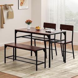 Dining Table Set for 4 with Bench and Chairs, Dark Walnut,Storage Rack & Metal Frame, for Small Space, Upgrated Leg Support