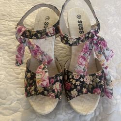 Women's Floral Fish Toe Boho Wedge Sandals,Lace-up Espadrille Open-Toe Slip-On Elasticated Ankle Strap Wedge Sandals.