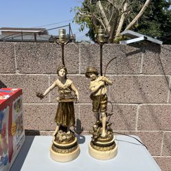 Antique L & F Moreau flower girl  table lamp And Boy Fishing 