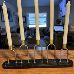 Crate & Barrel Marble And Gold Candelabra W/ Candles