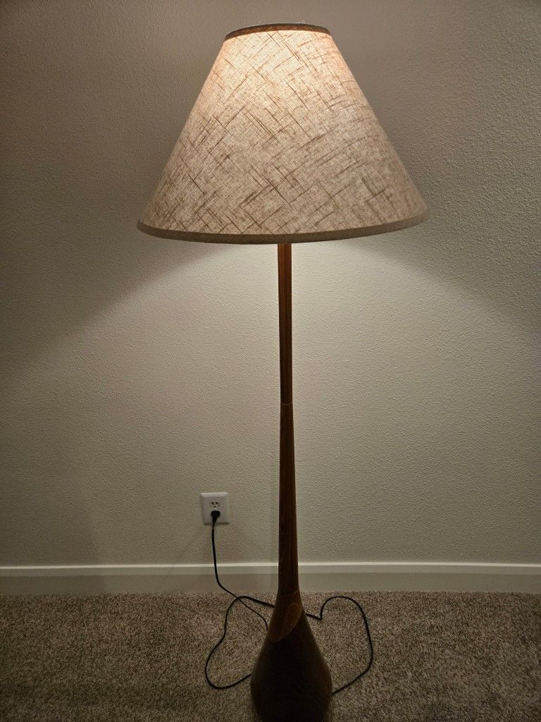 62 in. Faux Wood Floor Lamp with White Fabric Shade