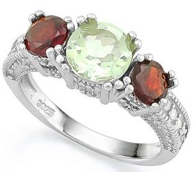 Garnet and green amethyst 3 stone ring in sterling silver