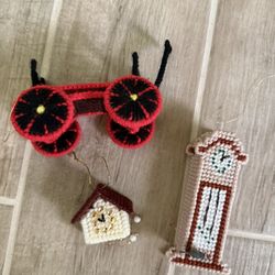 Handmade Christmas Ornament Clocks and Wagon