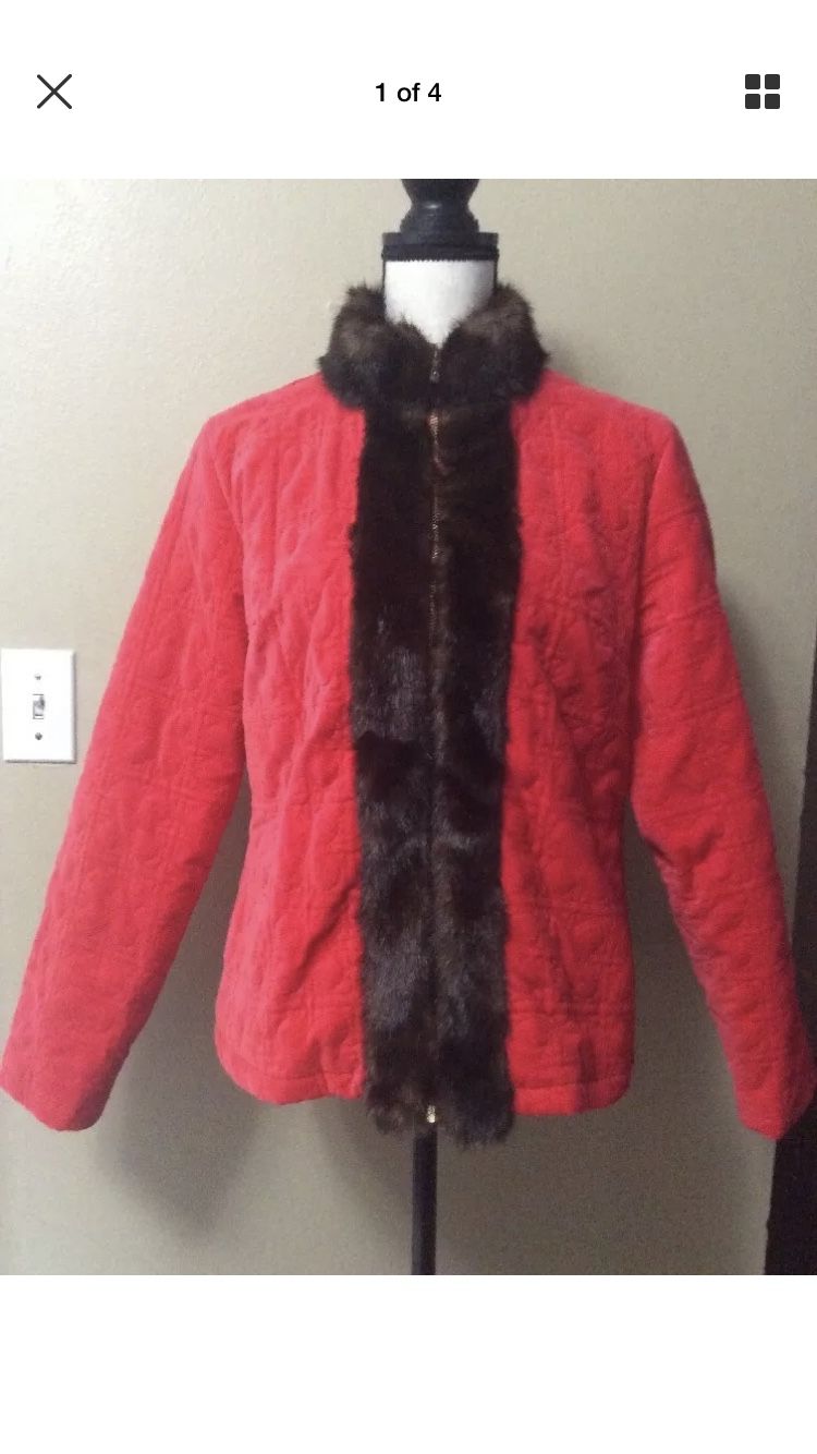 Liz Claiborne NY Red Quilted Velvet Zip Jacket Faux Fur Trim Women's Size M