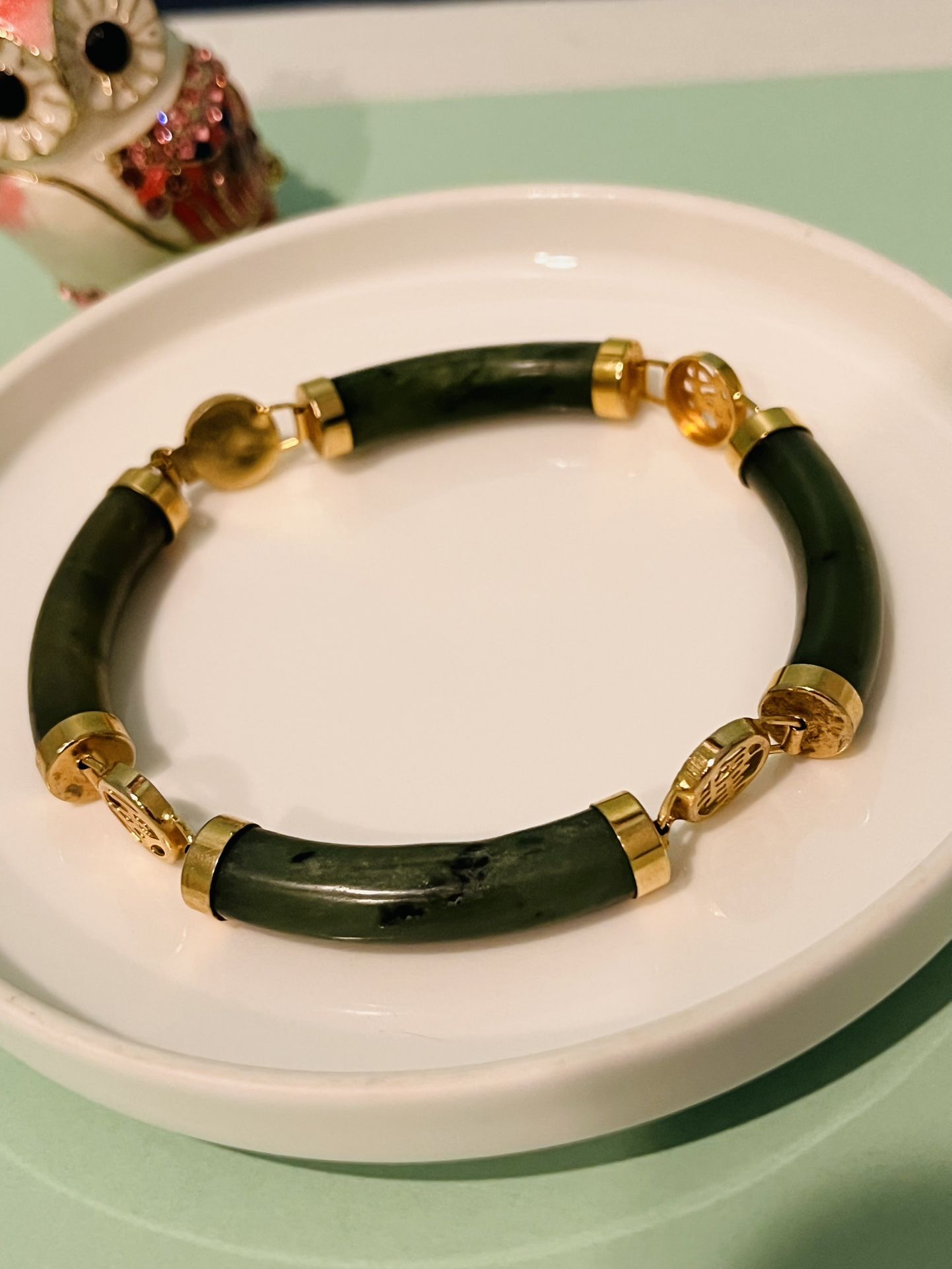 Vintage Rare Chinese Spinach Green Nephrite Jade Gilded Bracelet