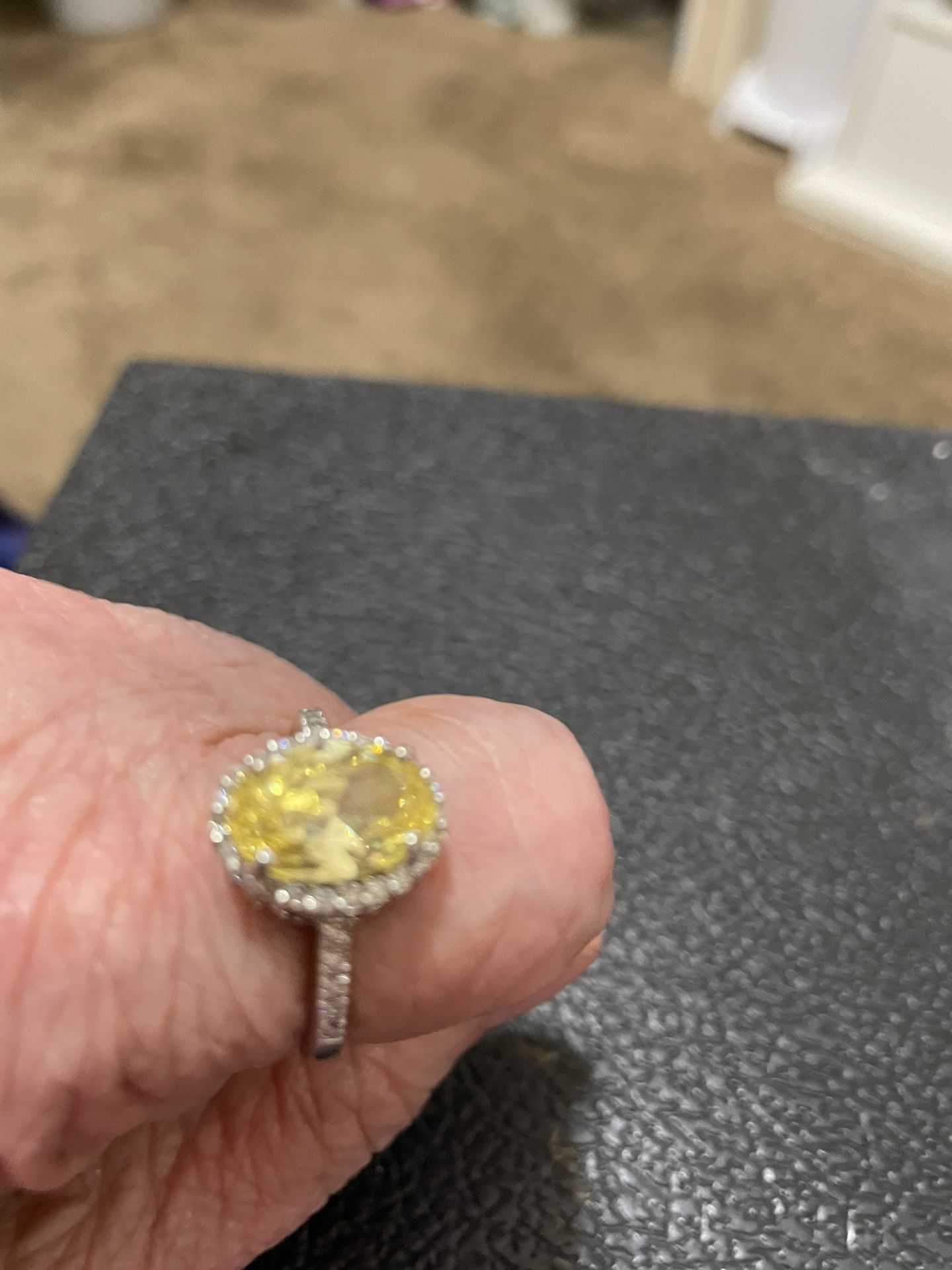 Yellow Cubic Oval Set In Sterling Silver W/ White Stones Size 9
