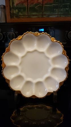 Vintage Gold Trimmed Milk Glass Egg Plate