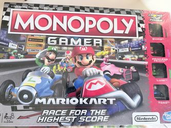 Monopoly Gamer Mario Kart board game by Hasbro, featuring Nintendo characters like Mario, Luigi, and Princess
