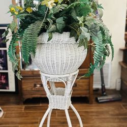 Vintage White 2 Tier Woven Rattan Wicker  Plant Stand w/shelf