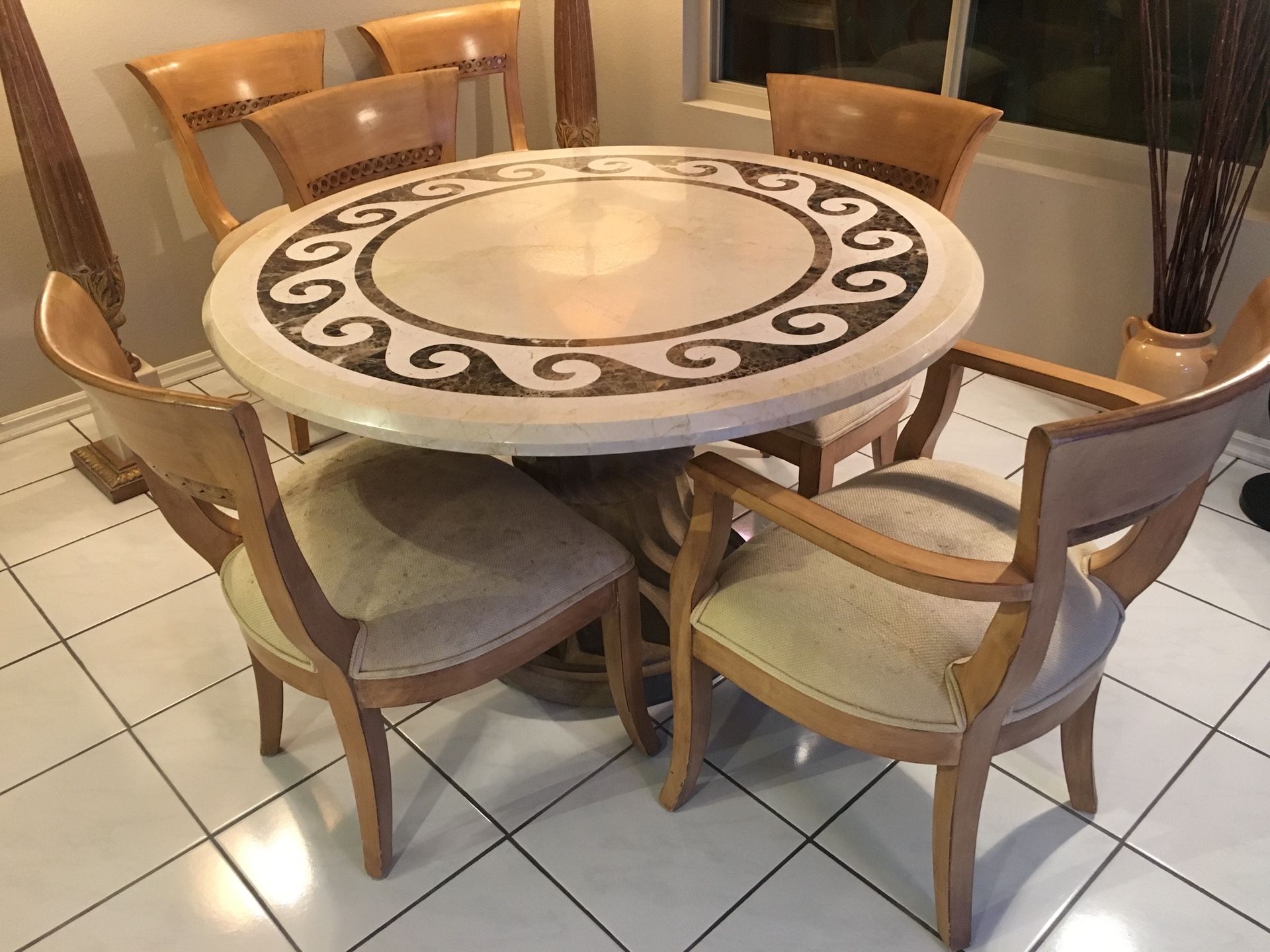 Kreiss furniture set. Travertine table, 6 chairs, and matching lamps