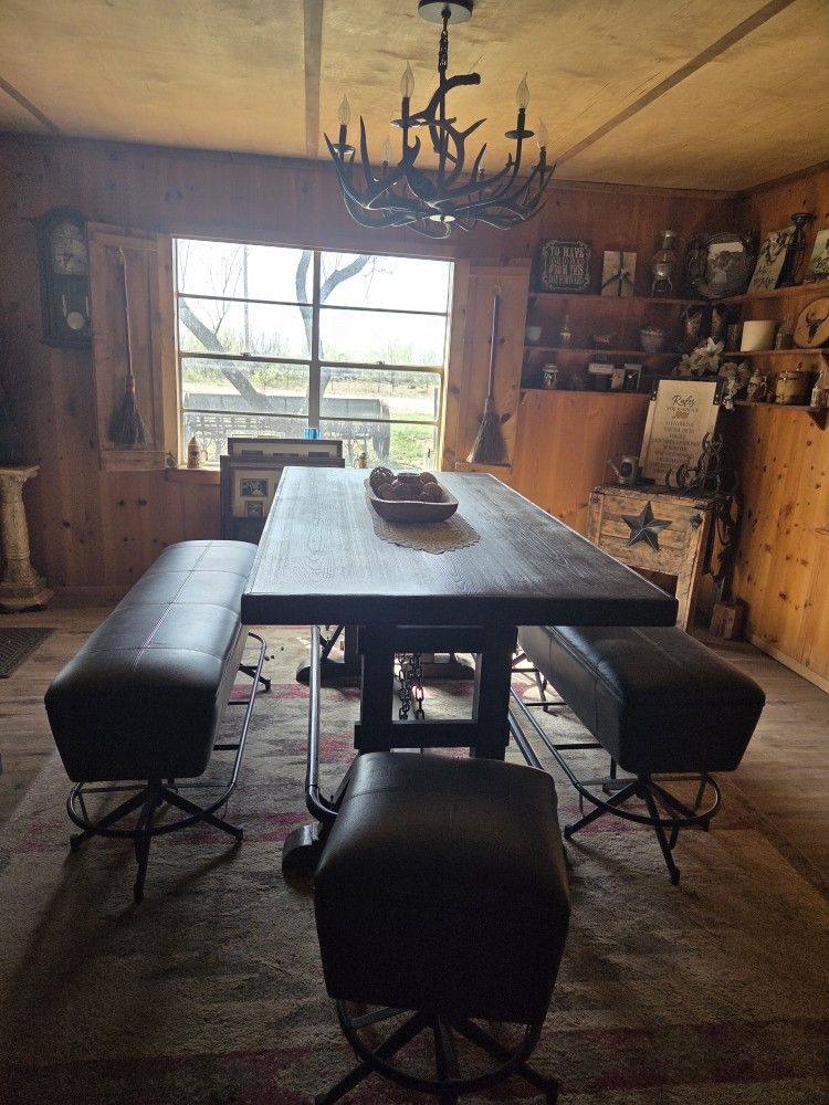 Beautiful Rustic Table And 2 Swivel Stools And 2 Benches