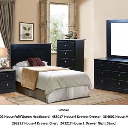 Special king/ queen/ full bed room 5 PCs black smoke color bed, dresser, mirror, drawer night stand 