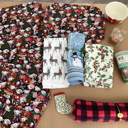 12 Christmas Items Dish Towels Throw Blamket Placemats Bowls Hand-Painted Tree Ornament Cups etc.