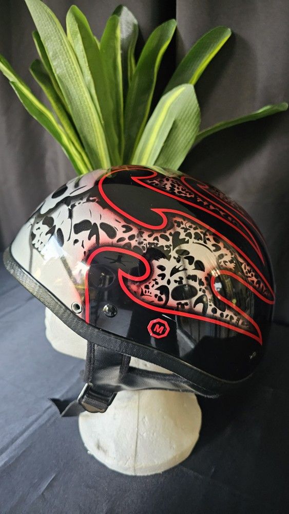 HCI Red Skull Flamed Half Helmet Motorcycle Shorty DOT Approved, Carbon Fiber, M