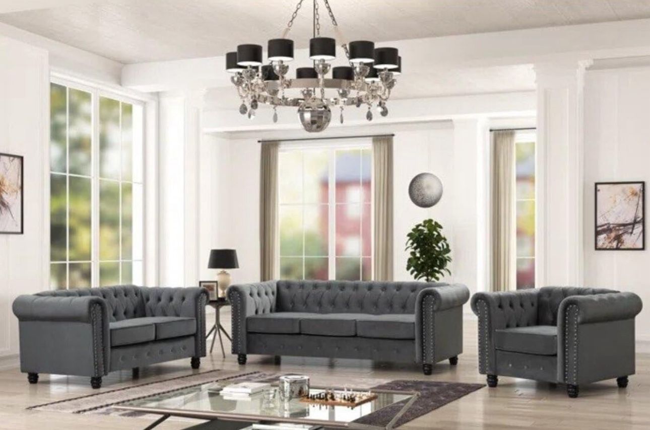 6 Seater Velvet Couches for Living Room Sets, Chesterfield Sofa Loveseat and Armchair 3 Pieces