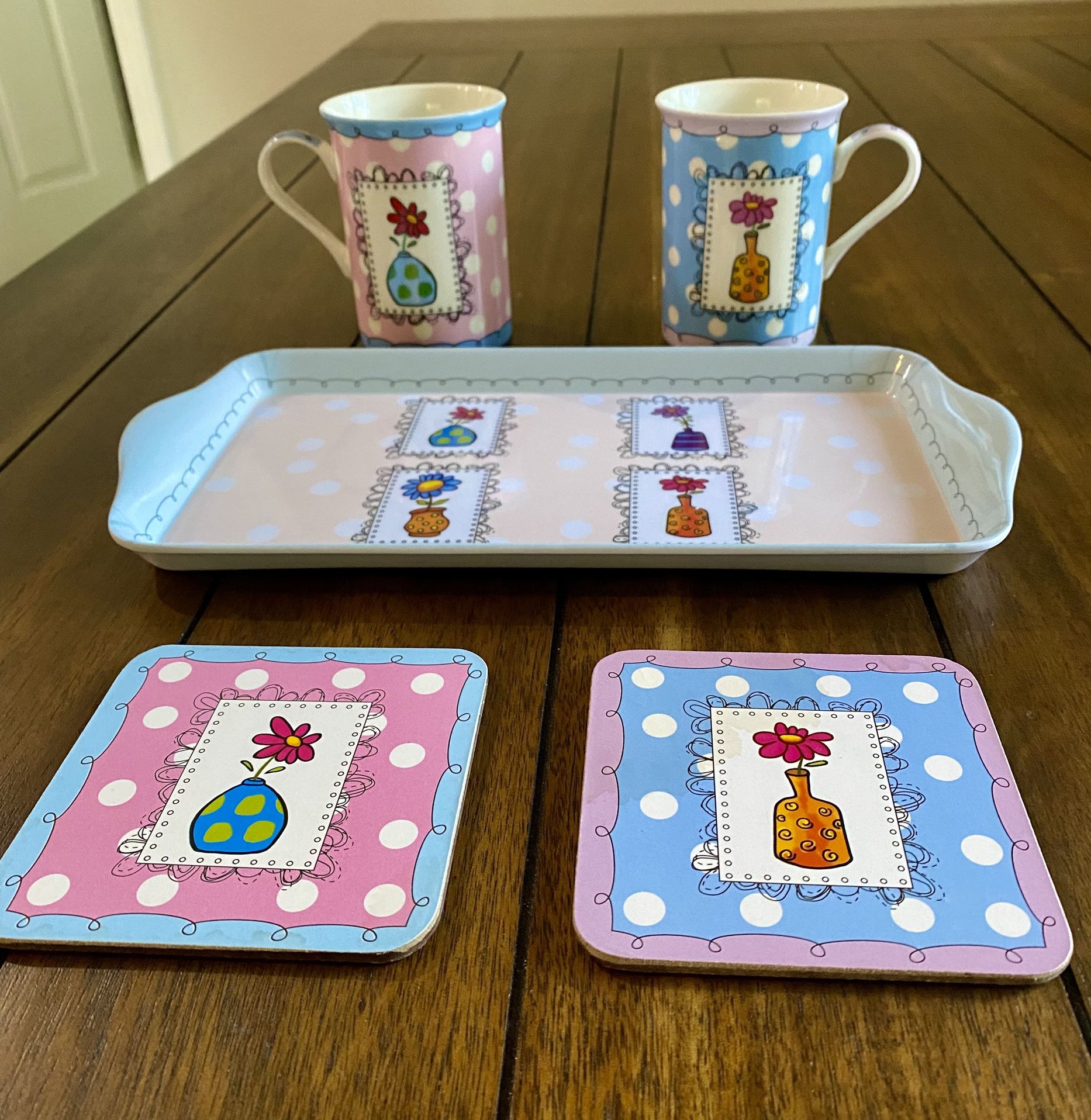 NWOT “Set of Pastel Pink / Light Blue Mugs, Tray & 2 Coasters”