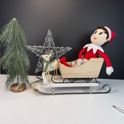 Christmas Decor Lot - Sleighs, Tree, Metal Star Topper & Plush Reindeer (As Is)