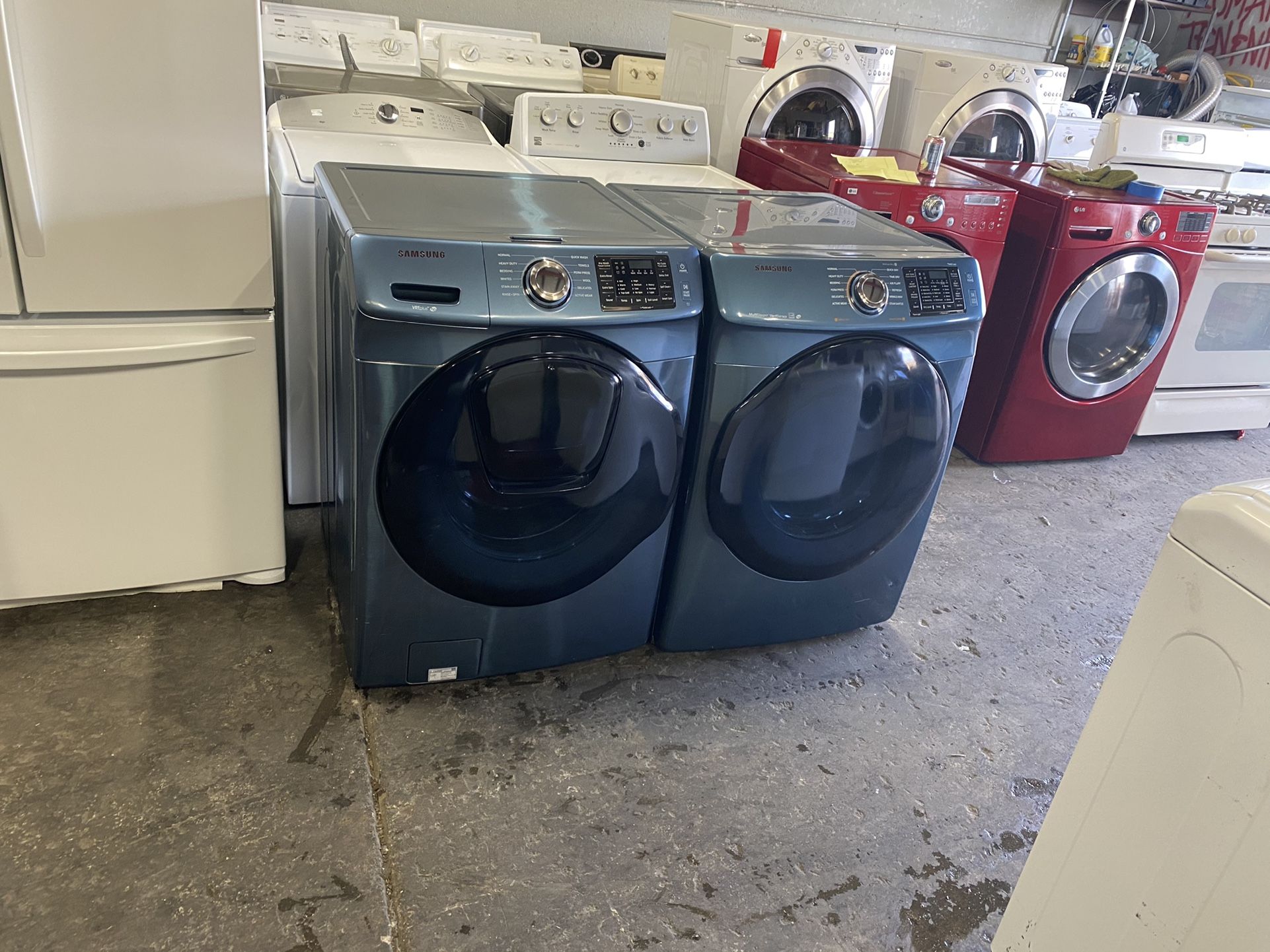 Samsung Azure Blue 4.5 cu. ft. High-Efficiency Front Load Washer with Steam and AddWash Door in 7.5 cu. ft. Capacity Gas Dryer ENERGY STAR Retails at