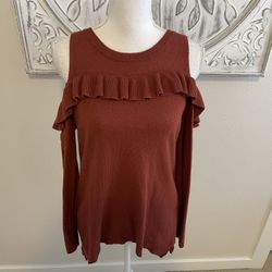 very J Rust Red Cold Shoulder Sweater w/ Ruffle detail, S