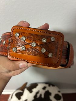 Tooled Leather Western Belt with Rhinestone  Studs