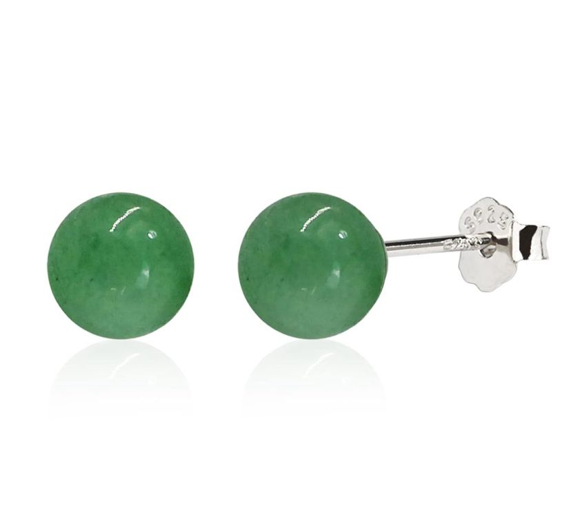 Jade Earrings Studs, 8mm Dark Green Jade Earrings for Women, Sterling Silver Stud Earrings for Sensitive Ears, Jade Jewelry for Women & Men, Good Luck