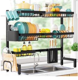 Over The Sink Dish Drying Rack - Adjustable 3 Tier XX-Large Capacity Stainless Steel Drainer with Cutlery & Utensil Holders, Kitchen Storage & Organiz