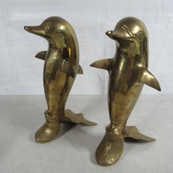 Dolphins Solid Brass Pair Standing Ridding Wave Home Decor Statues 11"
