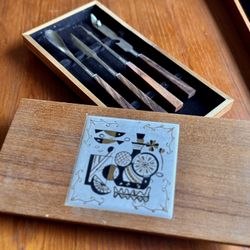 vintage Mid-Century Modern bar tool set featuring wooden handles and a decorative tile inlay on the storage box.