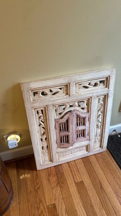 Antique White Asian Balinese Hand Crafted Wood Window Shutter Doors Wall Mirror