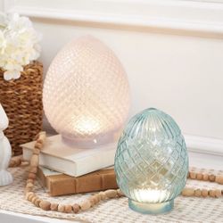 2 Large Elegant LED Illuminated Glass LIGHT UP Quilted Decorative Eggs EASTER