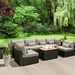 7-Piece Wicker Patio Conversation Set with Gas Fire Pit Table and Gray Cushions