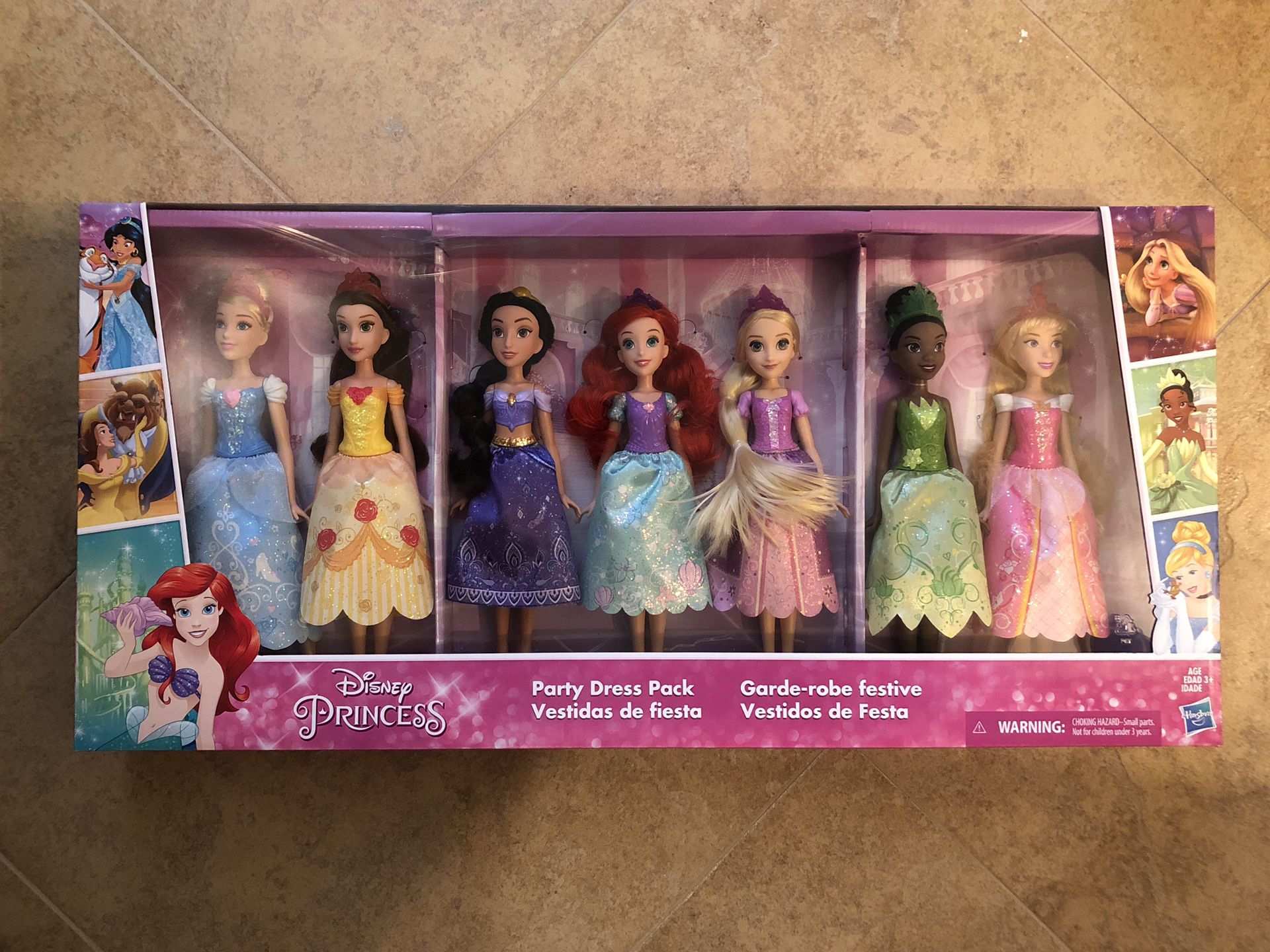 New Disney Princess 7 Dolls Party Dress Pack