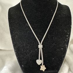 Lariat Style Star & Heart Rhinestone Covered Pendants Bolo 20” Excellent Condition 
