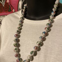Vintage Hand Painted & Knotted Cloisonné Beaded Necklace 