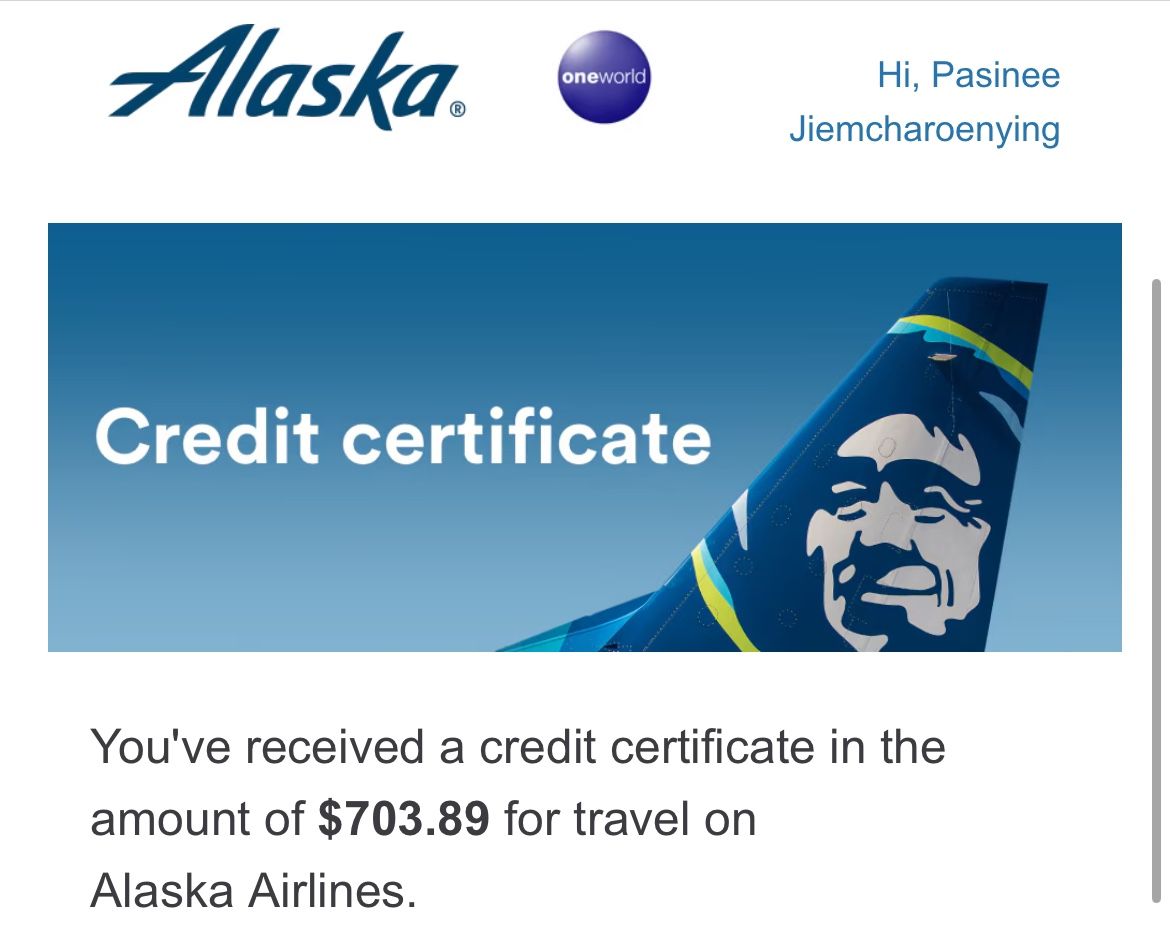 $703 Alaska Airline credit Certificate 