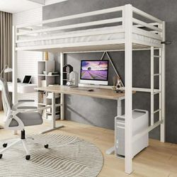 Twin Size Heavy Duty Metal Loft Bed with Removable Ladder & Full-Length Guardrail, White (DESK NOT INCLUDED)